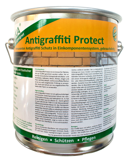 Behälter Antigraffiti Protect, ein neuer permananter Graffitischutz. Graffiti lassen sich mühelos mit Wasser abwaschen.